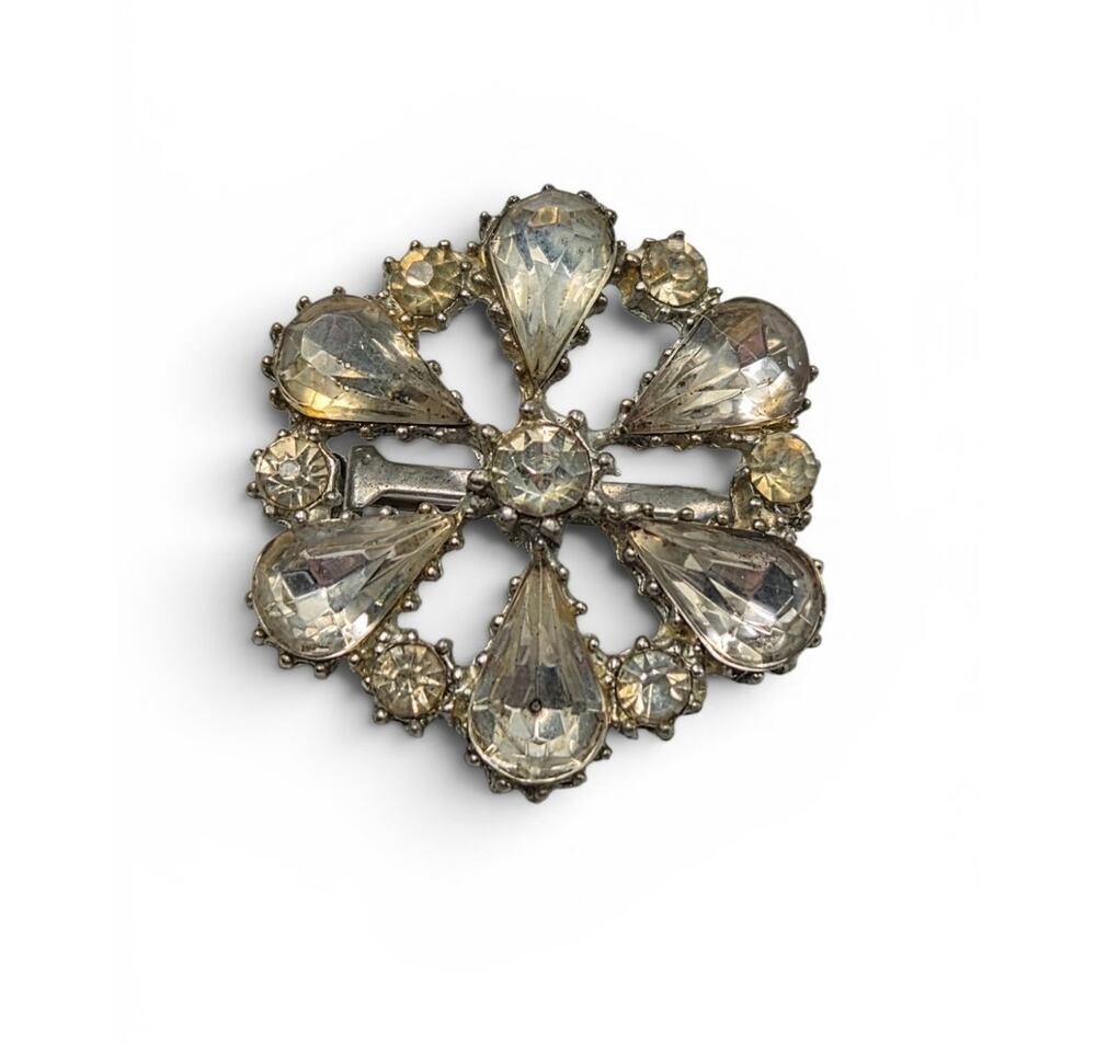 Vintage Rhinestone Flower Brooch Clear Teardrop Crystal Pin